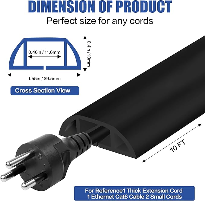 Floor Cord Cover Self Adhesive Cord Hider,10FT Cable Management, Extension Strip Protector for Wires, Prevent Cable Trips for Offices, Gyms, Exhibitions Cavity:0.51"(W) x 0.3"(H) Black