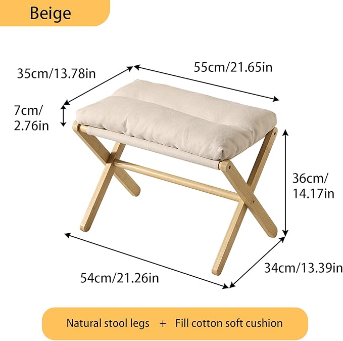Folding Upholstered Footrest Stool, Small Accent Ottoman with Thick Cotton Cushion & Bamboo X Legs, Modern Padded Sofa Stool for Makeup Bedroom Living Room (Beige)