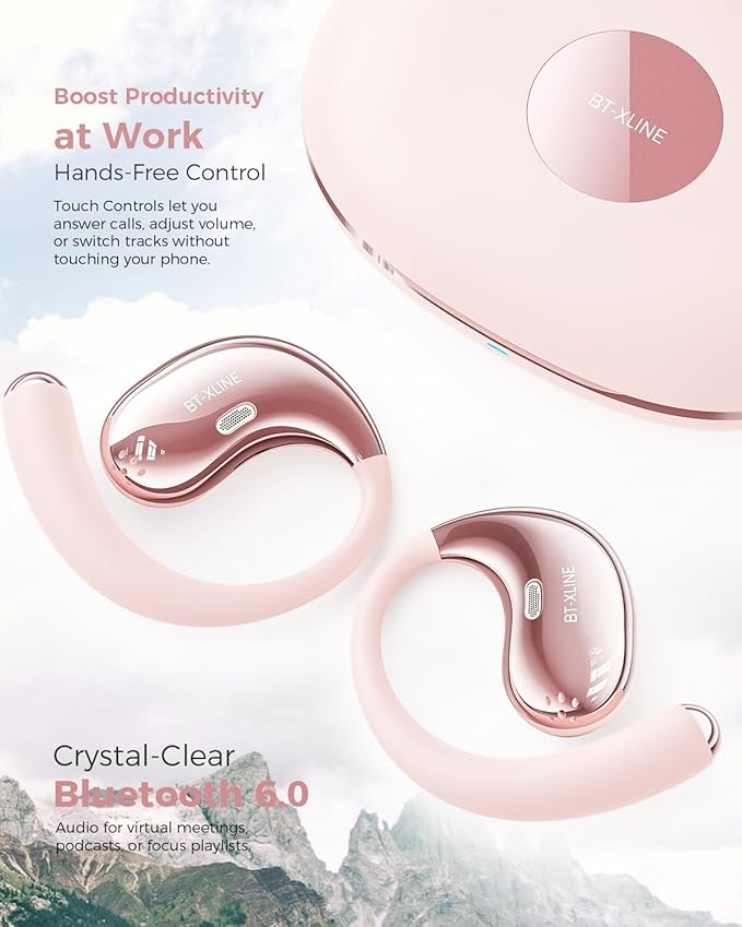 Open Ear Bluetooth Headphones, Bluetooth 6.0, Open Ear Earbuds, 36H Playtime, Flex EarHook for Sports, Running, Workouts - Comfortable Lightweight Earbuds with Touch Control (Pink)