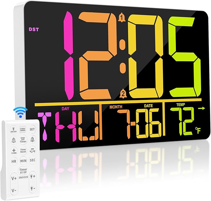 13" Large Digital Wall Clock with Remote, RGB Color Changing, 25 Ringtones, 0-100% Auto/Custom Brightness, Temperature, Calendar, 12/24H, DST, Timer, for Living Room/Bedroom/Office/Elderly