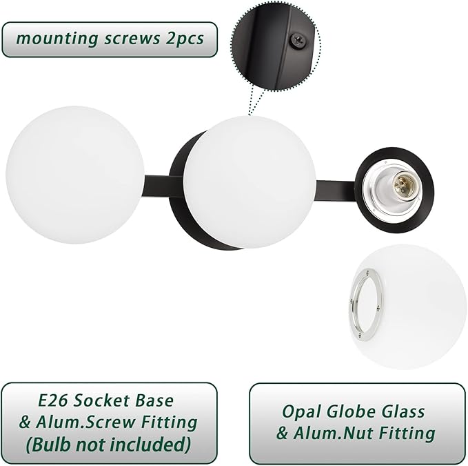 Bathroom Vanity Light Fixtures, Modern 3 Lights Globe Wall Sconce Lighting Matte Black, Porch Wall Mount Light Fixture for Bathroom, Mirror Cabinets Hallway Stairs (Matte Black, 3-Light)