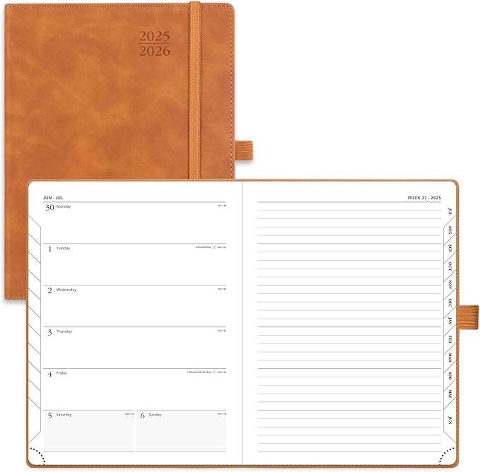 POPRUN Planner 2025-2026 Weekly Notebook (Medium 6.5''x 8.5'') Academic Calendar (JUL.25 - JUN.26) Appointment Book with Monthly Tabs, Leather Soft Cover, Inner Pocket, 100 GSM - Brown