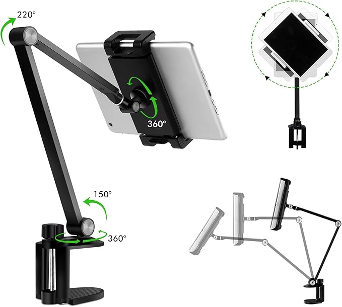 Viozon Tablet Stand Holder Mount, Rotate 360 Degrees of Flexible, Height and Angle Adjustable, High-Grade Aluminium Alloy Long Arm Compatible with 4.5-13 Mobile Phone and Tablet (AP-7LCB2)