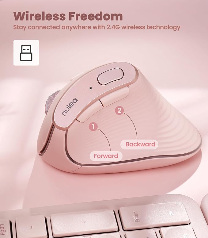 Nulea M510 Vertical Mouse Wireless, Ergonomic Mouse for Comfy Tracking, 3 Adjustable DPI (800-1200-1600), 2.4G Wireless Vertical Mouse with 6 Buttons, Compatible with Windows, Mac OS, Laptop, PC,Pink