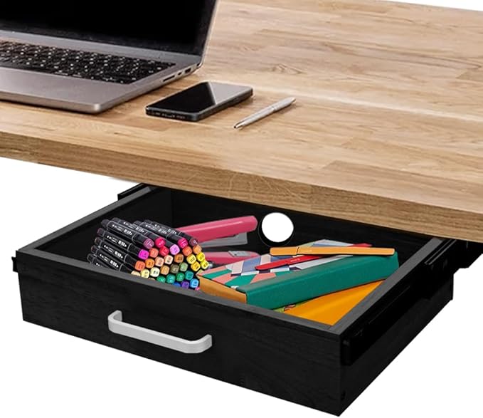 Upgrade Wood Under Desk Mounted Sliding Pull-out Drawer, Ball-Bearing Slides Under Desk Drawer Storage Organizer, Hanging Drawers for Desk, Hidden Desktop Organizer for Office Desks, Tables - Black