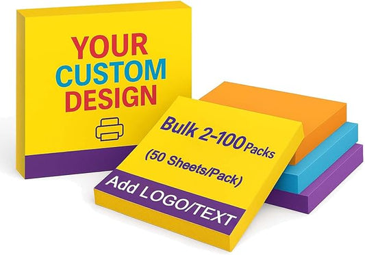Bulk Personalized Sticky Notes 3"x3" – Custom Logo or Text Notepads, 50 Sheets per Pad, 2–100 Pack for Business Marketing, Office Supplies, Schools, Parties (Style 1)