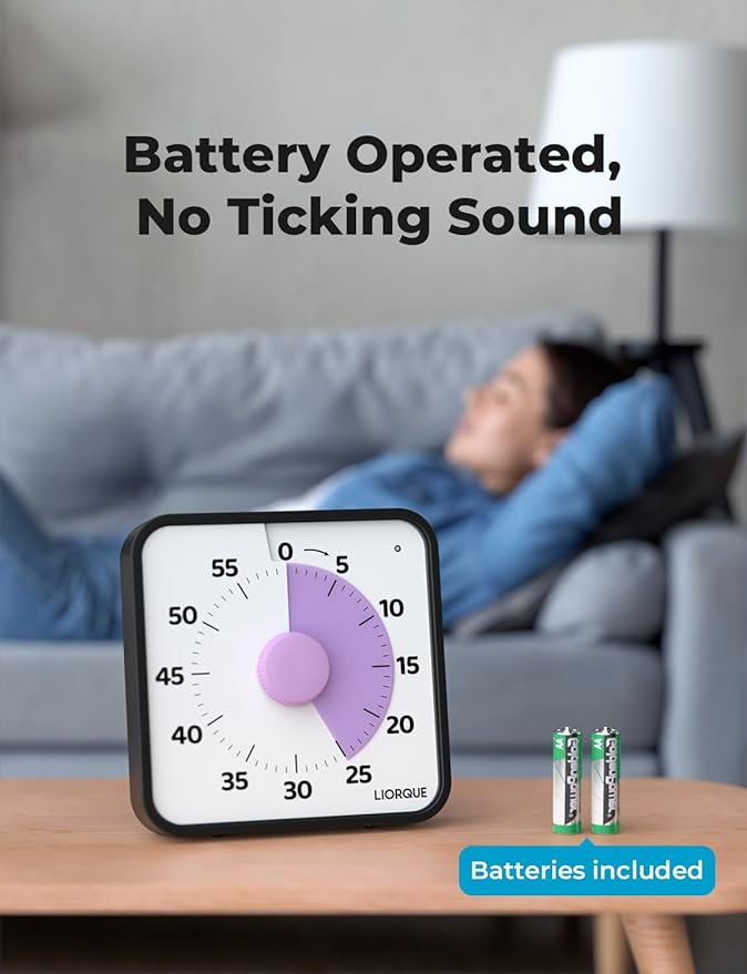 LIORQUE 60 Minute Visual Timer for Kids and Adults, Non-Ticking 7.5 Inch Large Visual Countdown Timers for Classroom Desk Countdown Clock with Magnetic Backing, Kids Pomodoro Timer Clock