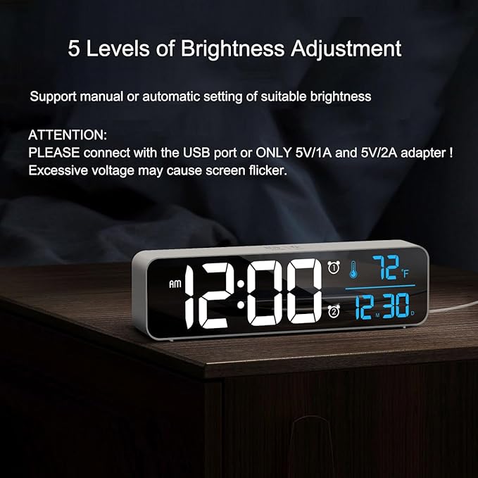 Digital Clock, Clock for Bedroom, Clocks for Living Room Decor, Desk Table Clock, Alarm Clock Large Display with Date Week Temperature, Automatic Brightness Dimmer, Smart Cool Modern (White Blue)