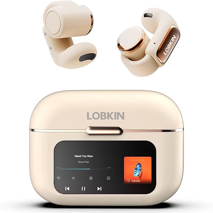 LOBKIN Open Ear Clip On Earbuds Wireless Bluetooth, Waterproof Clip On Headphones, Lightweight, Comfortable for Small Ears Women, Clip On Ear Buds with Mic, LED Display, Sports Running Workout White