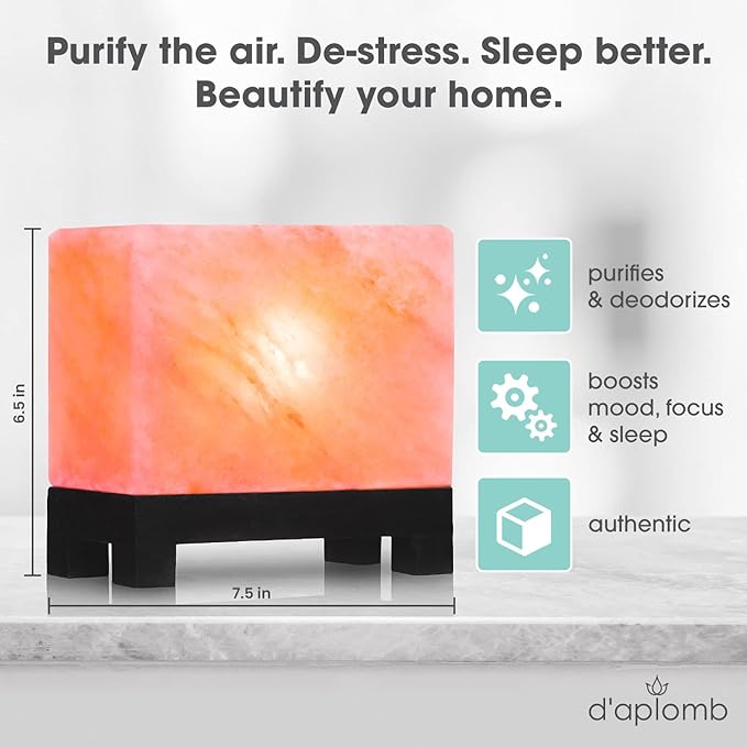 d'aplomb 100% Authentic Natural Himalayan Salt Lamp;Hand-Carved Modern Rectangle Rare Pink Crystal Rock Salt from The Himalayan Mountain; Footed Wood Base, Dimmer Cord; 11.5 lbs