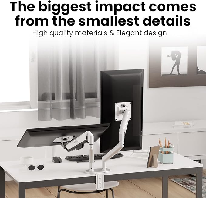 EVEO Premium Dual Monitor Mount 14"-35” Dual Monitor Arm VESA Bracket Adjustable Height Gas Spring Dual Monitor Stand, Screen Full Motion Dual Monitor Arm-Computer Monitor Stand for 2 Screens - White