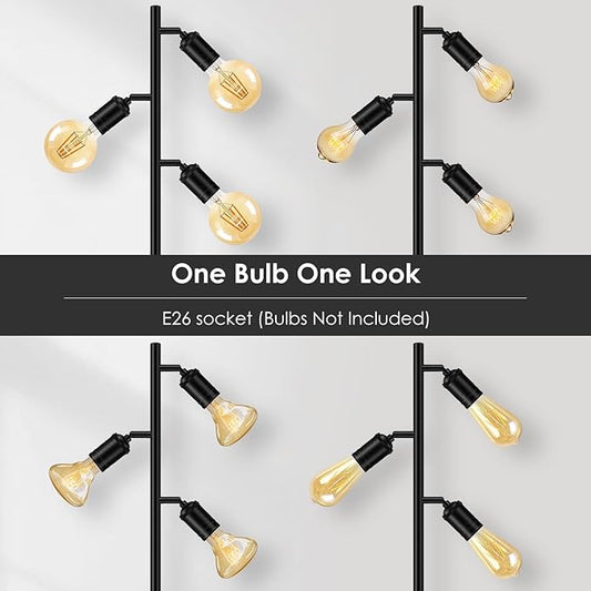 BoostArea Floor Lamp, Industrial Floor Lamp, Modern Tree Standing Lamp with Adjustable 3 Light, E26 Socket, Foot Switch, Minimalist Metal Stand Up Lamp Pole Lamps for Living Room, Bedroom (No Bulbs)