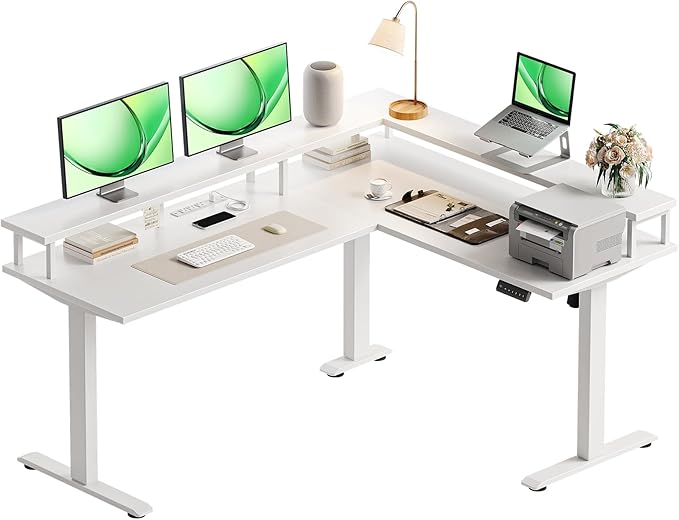 AODK Electric L Shaped Standing Desk, 59 Inch Height Adjustable Stand Up Desk with Power Outlets ＆ Full Monitor Stand, Reversible Corner Desk for Home Office ＆ Computer Workstation, White