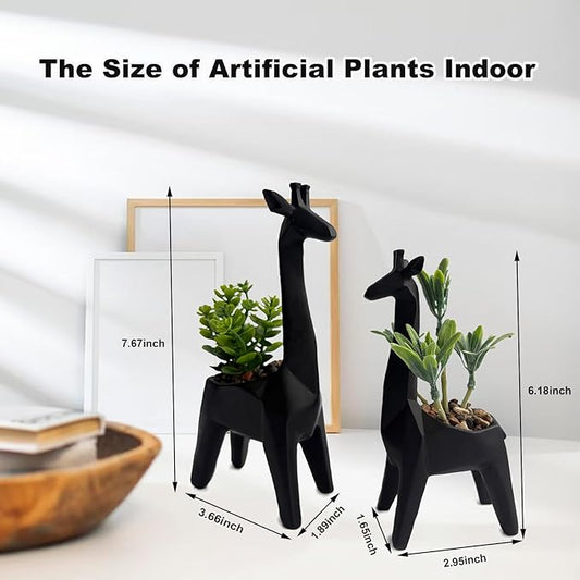 2PCS Cute Artificial Mini Succulent Plants with Creative Giraffe Shaped Pots, Desk Plant for Office Decor for Women,Small Fake Plants for Shelf Desk,Bathroom,Tabletop Decor (Black)
