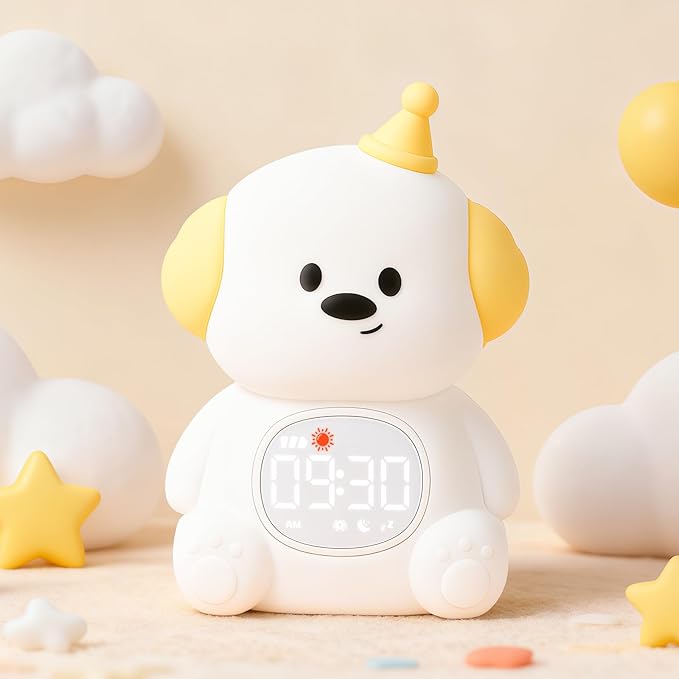 Dog Alarm Clock with Night Light for Kids with Sleep Training and Sound Machine, Rechargeable Silicone Lamp OK to Wake Clock，Cute Animal Tabletop Lamp, Perfect Sleep Companion for Boys Girls