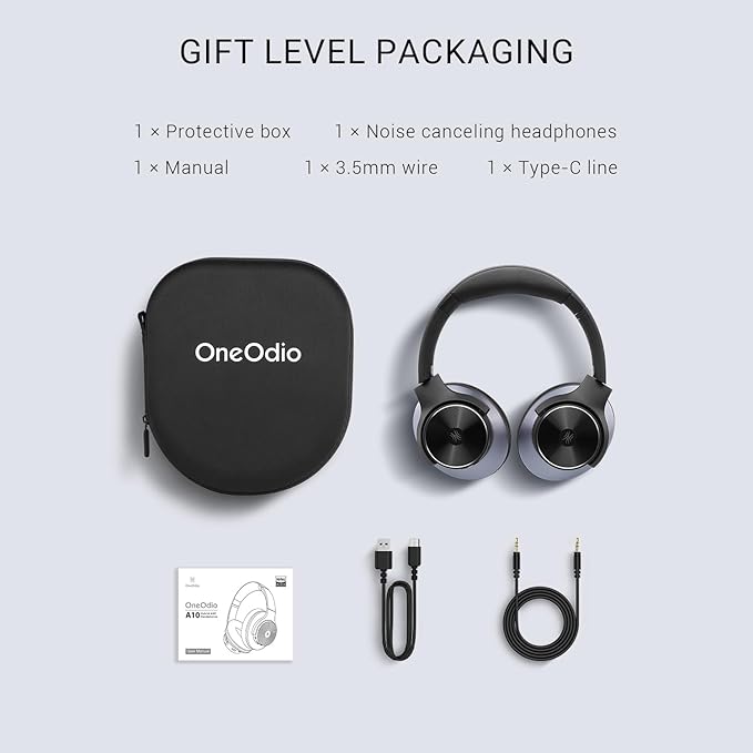 OneOdio A10 Hybrid Active Noise Cancelling Headphones, Hi-Res Audio, 50H Playtime with Speed Charge, Travel Case, Wireless/Wired, Built-in Mic, Bluetooth Over Ear Headphones for Work Travel