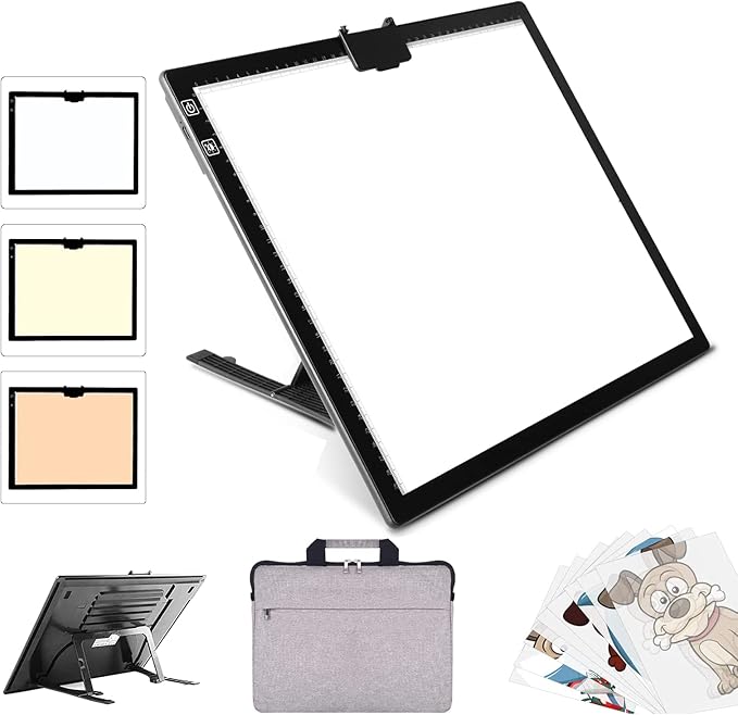 Rechargeable A3 LED Light Pad with Carry Bag, Adjustable Brightness Light Box with 3 Colors, Built-in Stand, 2500mAh Battery, Magnetic Clip, Light Board for Tracing Diamond Painting Sketching
