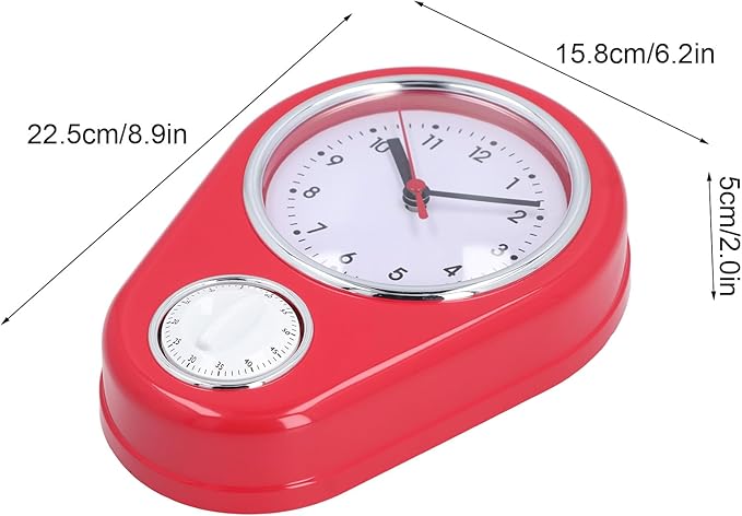 9 Inch Retro Kitchen Timer Wall Clock, Multifunction Innovative Precise Time Silent Operation Quartz Clock for Home Kitchen (Red)