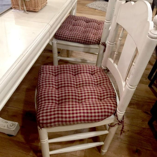 Barnett Home Decor Dining Chair Cushions with Ties, 16.5 x 18, Pack of 2 – Farmhouse Check Dark Red – 100% Cotton, Latex Foam Fill, Made in USA