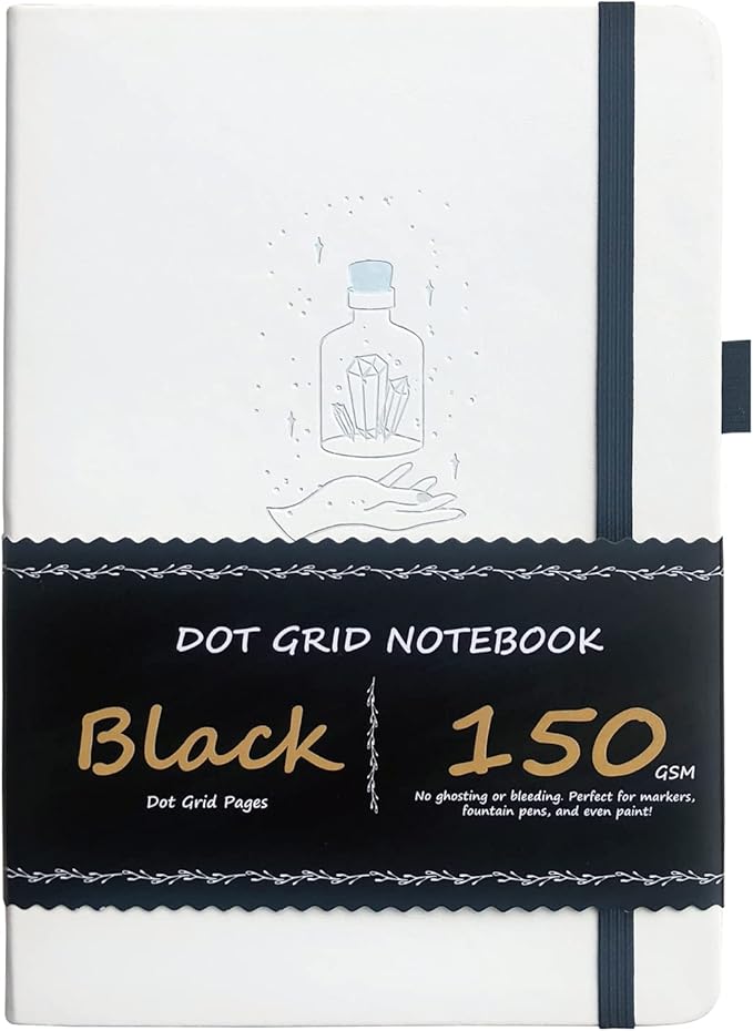 BUKE Dotted Journal A5 Hardcover Notebook- 160 Dot Grid Pages 150g Black Paper - Black PU Leather Hardcover 5.75" x 8.5" and Gift Box Mystery Bottles (BKB-2)