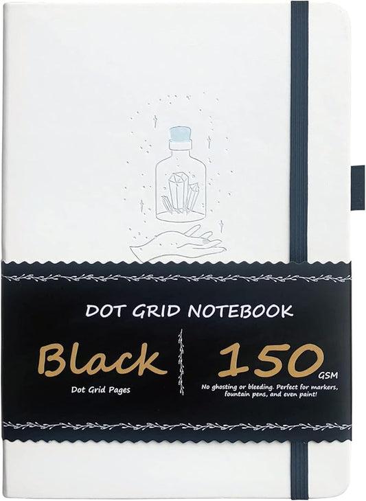 BUKE Dotted Journal A5 Hardcover Notebook- 160 Dot Grid Pages 150g Black Paper - Black PU Leather Hardcover 5.75" x 8.5" and Gift Box Mystery Bottles (BKB-2)
