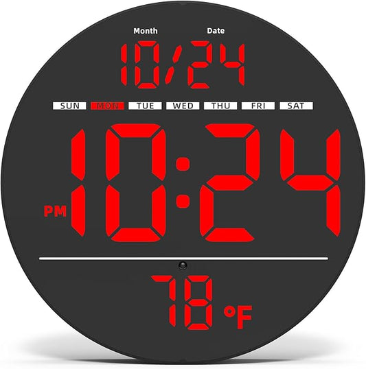 Digital Wall Clock with Large LED Display, Date, Temperature, Auto-Brightness | Small [PLUG-IN] Clock | Modern Electric Wall Clock for Bedroom, Classroom, Living Room, Home, Office, Farmhouse – Red