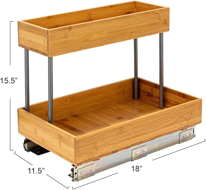 Household Essentials Glidez Steel and Bamboo Pull-Out/Slide-Out Storage Organizer for Under Sink or Cabinet Use - 2 -Tier Design - Fits Standard Size Cabinet or Shelf, Natural and Chrome