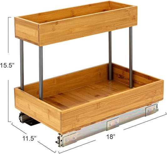 Household Essentials Glidez Steel and Bamboo Pull-Out/Slide-Out Storage Organizer for Under Sink or Cabinet Use - 2 -Tier Design - Fits Standard Size Cabinet or Shelf, Natural and Chrome