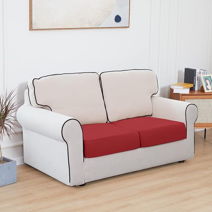 Easy-Going 100% Waterproof Chair Sofa Seat Cushion Slipcovers Couch Cushion Cover Stretch Furniture Protector for Kids, Pets (2-Piece Loveseat Cushion, Christmas Red)