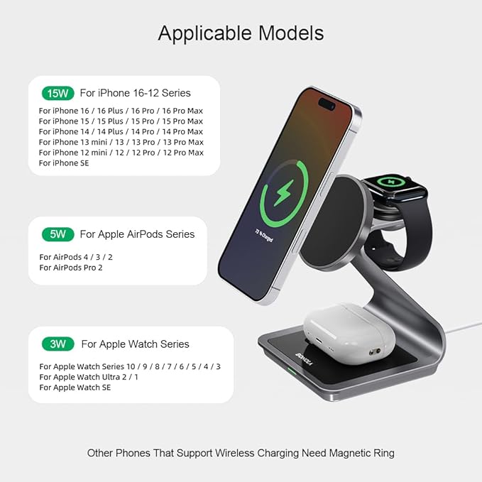 3 in 1 Charging Station for Apple Multiple Devices, Aluminum Magnetic Wireless Charger Stand for iPhone 16/15/14/13/12 Series, Wireless Chargers Dock Stand for Apple Watch/AirPods Pro