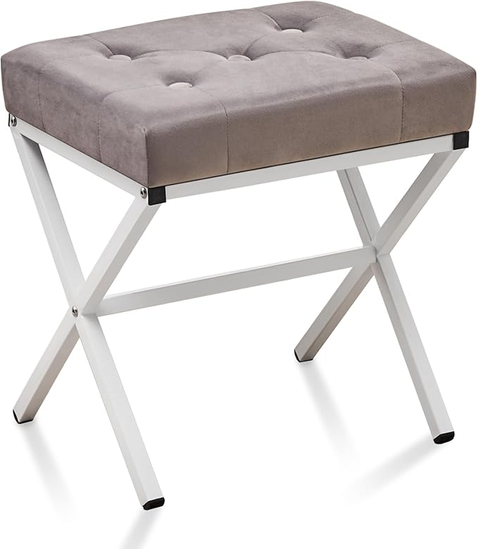 Wimarsbon Ottoman Foot Stool Tufted Vanity Stool Ottomans Thickened Cushion Footstool Mulifunctional Shoe Changing Seat Step Stools with Metal X Leg for Living Room Bedroom Velvet Grey