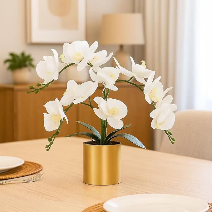LESING Potted Artificial Orchid Flowers,Real Touch White Fake Artificial Orchid Flower in Gold Vase Arrangement for Table Living Room Decoration (White,Gold Vase)