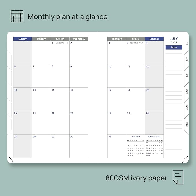 POPRUN Daily Planner 2025-2026 One Page per Day, (A5 Size 5.75" x 8.5") Academic Calendar (July25- June26) Hourly Appointment Book with Vegan Leather Hardcover, Monthly Tabs & Pocket - Brown