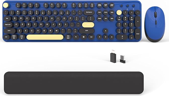 Wireless Computer Keyboards Mouse Combos, COVEVA Colorful Typewriter Retro Keyboard with Round Keycaps, USB Keyboard and Mouse Set 2.4GHz Full-Size Wireless Keyboard and Optical Mouse（Black-Blue）
