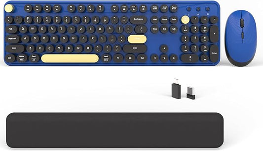 Wireless Computer Keyboards Mouse Combos, COVEVA Colorful Typewriter Retro Keyboard with Round Keycaps, USB Keyboard and Mouse Set 2.4GHz Full-Size Wireless Keyboard and Optical Mouse（Black-Blue）