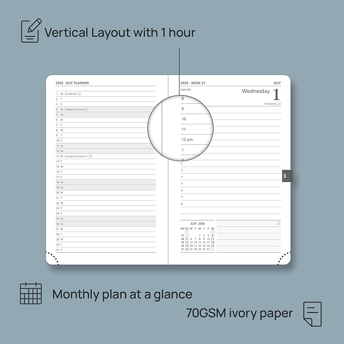 POPRUN 2026 Daily Planner One Page Per Day A6 Size Calendar (4.25" x 6.25") - 12 Months Hourly Appointment Book with Hardcover, Monthly Tabs, Pocket, Pen Holder - Navy Blue