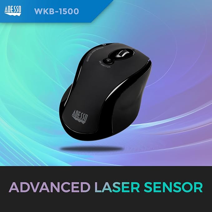 Adesso WKB-1500GB - Wireless Ergonomic Desktop Keyboard and Laser Mouse with Split Keys Design and Palm Rest for Comfort, Long Battery Life, Nano Receiver - Compatible for PC & Windows XP/7/8/10,Black