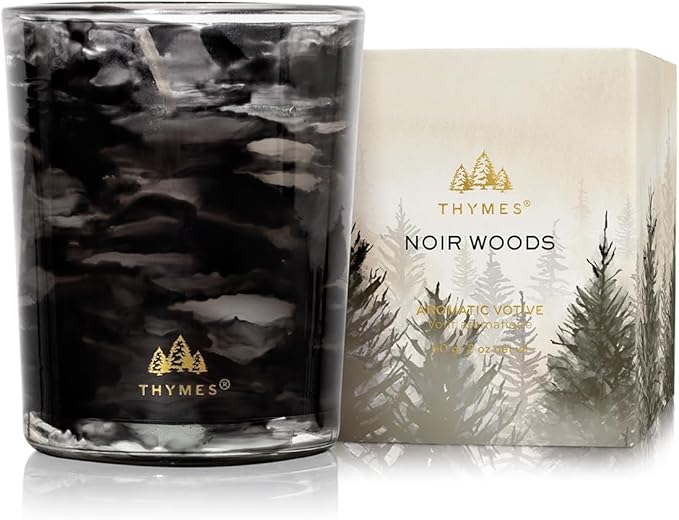 Thymes Noir Woods Scented Candles for Home Decor – Notes of Fresh Evergreen, Smoky Wood & Golden Amber – Luxury Home Fragrance Gifts for Women & Men – Burns Up to 20 Hrs (Votive Candle, 2 oz)