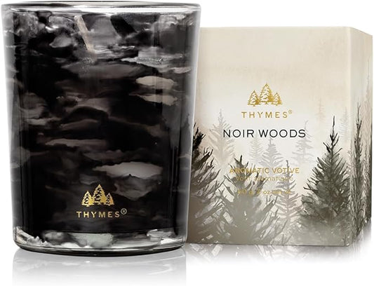 Thymes Noir Woods Scented Candles for Home Decor – Notes of Fresh Evergreen, Smoky Wood & Golden Amber – Luxury Home Fragrance Gifts for Women & Men – Burns Up to 20 Hrs (Votive Candle, 2 oz)