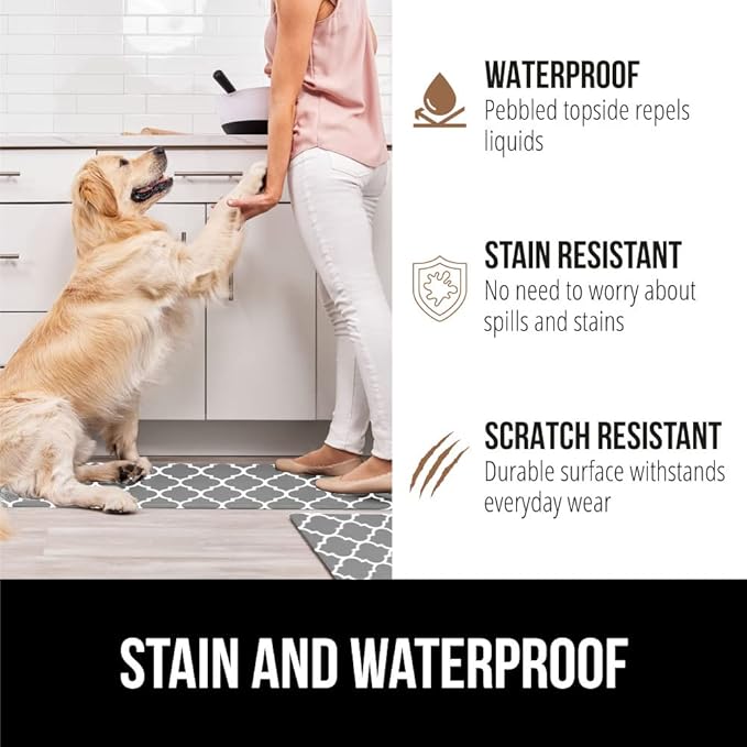 GORILLA GRIP 2 Pack Comfortable Cushioned Kitchen Mats for Floor, 17x29 + 17x59, Waterproof, Stain Resistant, 1/2 Inch Thick Ergonomic Standing Desk Anti Fatigue Mat, Foam Supports Feet, Grey White