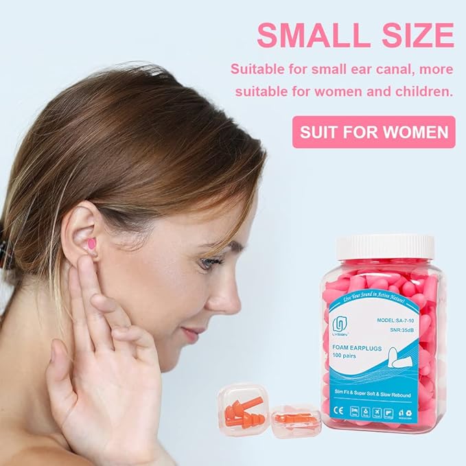LYSIAN Slim Size Foam Ear Plugs for Noise Reduction Small Ear Women, Kids-35dB SNR Noise Cancelling Earplugs for Sleeping, Snoring, Fireworks, Shooting, Study Loud Noise, Pink-100 Pairs,