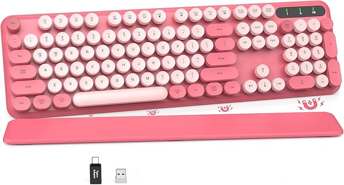 Retro Typewriter Wireless Keyboard, Pink Round Keycaps with Detachable Wrist Rest, Vintage Style Computer Cordless Keyboard, Cute Full-Size for Windows/PC/Laptop (Ideal for Writer/Gamer/Office)