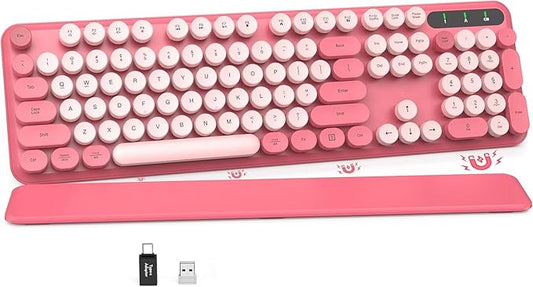 Retro Typewriter Wireless Keyboard, Pink Round Keycaps with Detachable Wrist Rest, Vintage Style Computer Cordless Keyboard, Cute Full-Size for Windows/PC/Laptop (Ideal for Writer/Gamer/Office)