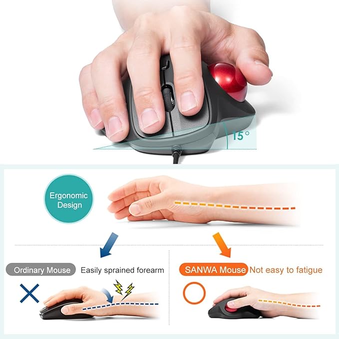 SANWA Wired Ergonomic Trackball Mouse, Optical Vertical Rollerball Mice, Silent Buttons, 34mm Trackball, 600/800/1200/1600 DPI, Compatible with MacBook, Laptop, Computer, Windows, macOS, Red