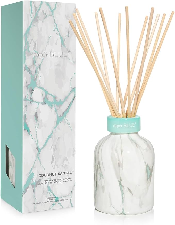 Capri Blue Modern Marble Reed Diffuser Set - Includes Reed Diffuser Sticks, Scented Oil & Glass Bottle - Luxury Scents for Bedroom Decor & Bathroom Air Freshener - Coconut Santal (5.7 fl oz)
