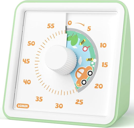 LIORQUE 60 Minute Visual Timer for Kids, Visual Countdown Timer for Classroom Office Kitchen with 'Car' Pattern Design, Pomodoro Timer with Silent Operation (Batteries Included)
