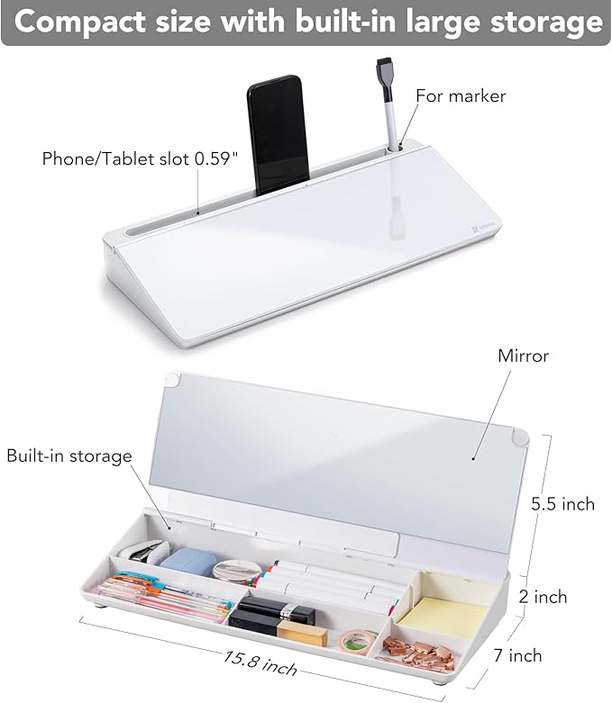 Varhomax Glass Desk Whiteboard with Built-in Mirror, Desktop Organizer Dry Erase White Board with Storage, to Do List Memo Notepad for Home Office and School Supplies