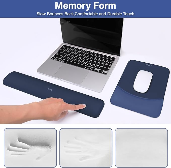 MOSISO Wrist Rest Support for Mouse Pad&Keyboard Set, Rectangular Ergonomic Mousepad Non-Slip Base Home/Office Pain Relief&Easy Typing Pad with Neoprene Cloth&Raised Curved Memory Foam, Navy Blue