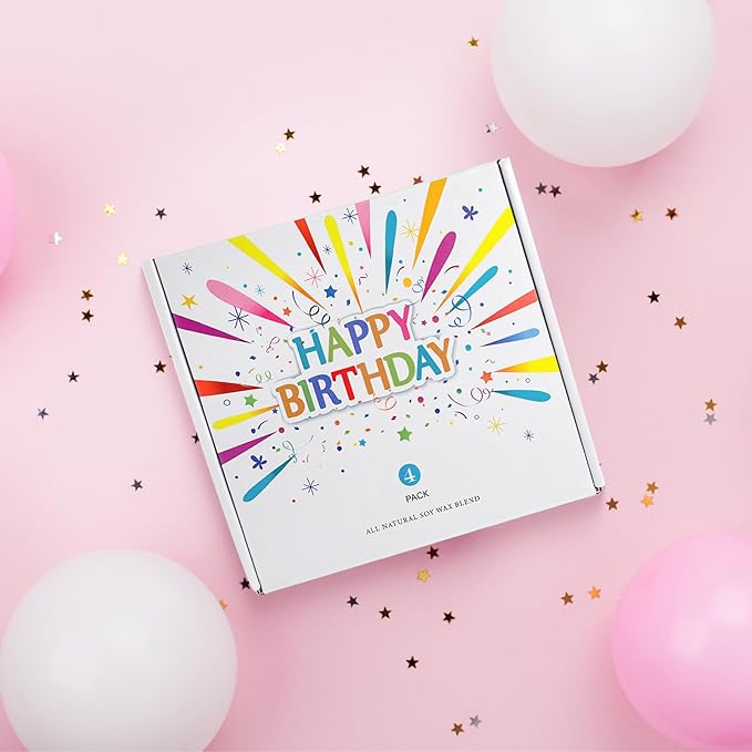 Happy Birthday Candles Set, 4 Pack Birthday Candle Gifts for Women, Unique Best Friend Birthday Gifts Ideas for Her and Him, Natural Soy Candle Scent of Vanilla Coconut/Lavender/Eucalyptus Mint - 7oz
