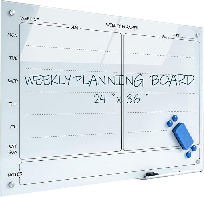 Magnetic Planner Writeboard 24"X36" Weekly Glass Calendar Ultra White Glassboard Premium Tempered Dry Erase Boards Frameless Wall Mounted (Ultra White)